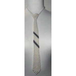Vintage beaded faux pearls  tie necklace  cream and‎ gray